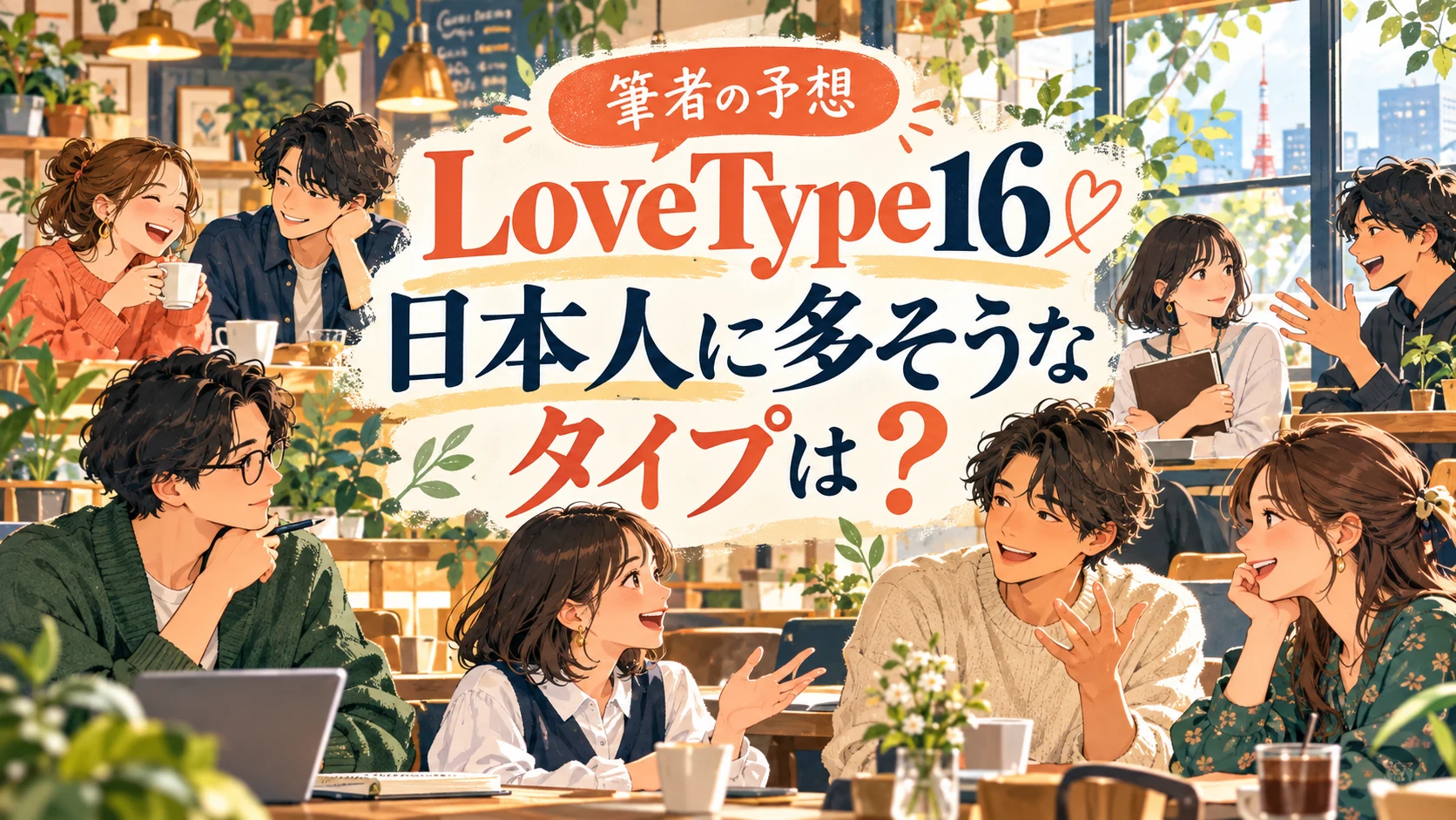 LoveType16で日本人に多そうなタイプを予想する記事。カフェで会話する人々のイラスト。