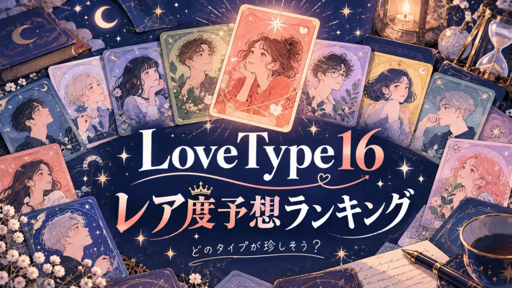 LoveType16のレア度予想ランキング。人物のカードを並べたイラスト。