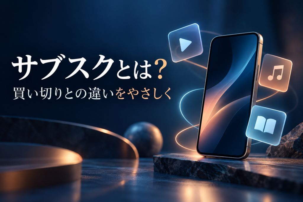 動画・音楽・読書を表す記号とスマートフォンを配置したサブスク入門の表紙