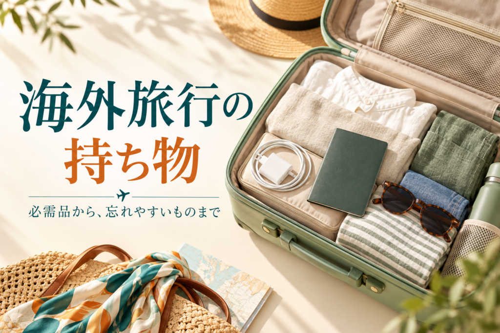 旅行かばんと衣類・充電器を並べた海外旅行の持ち物ガイドの表紙