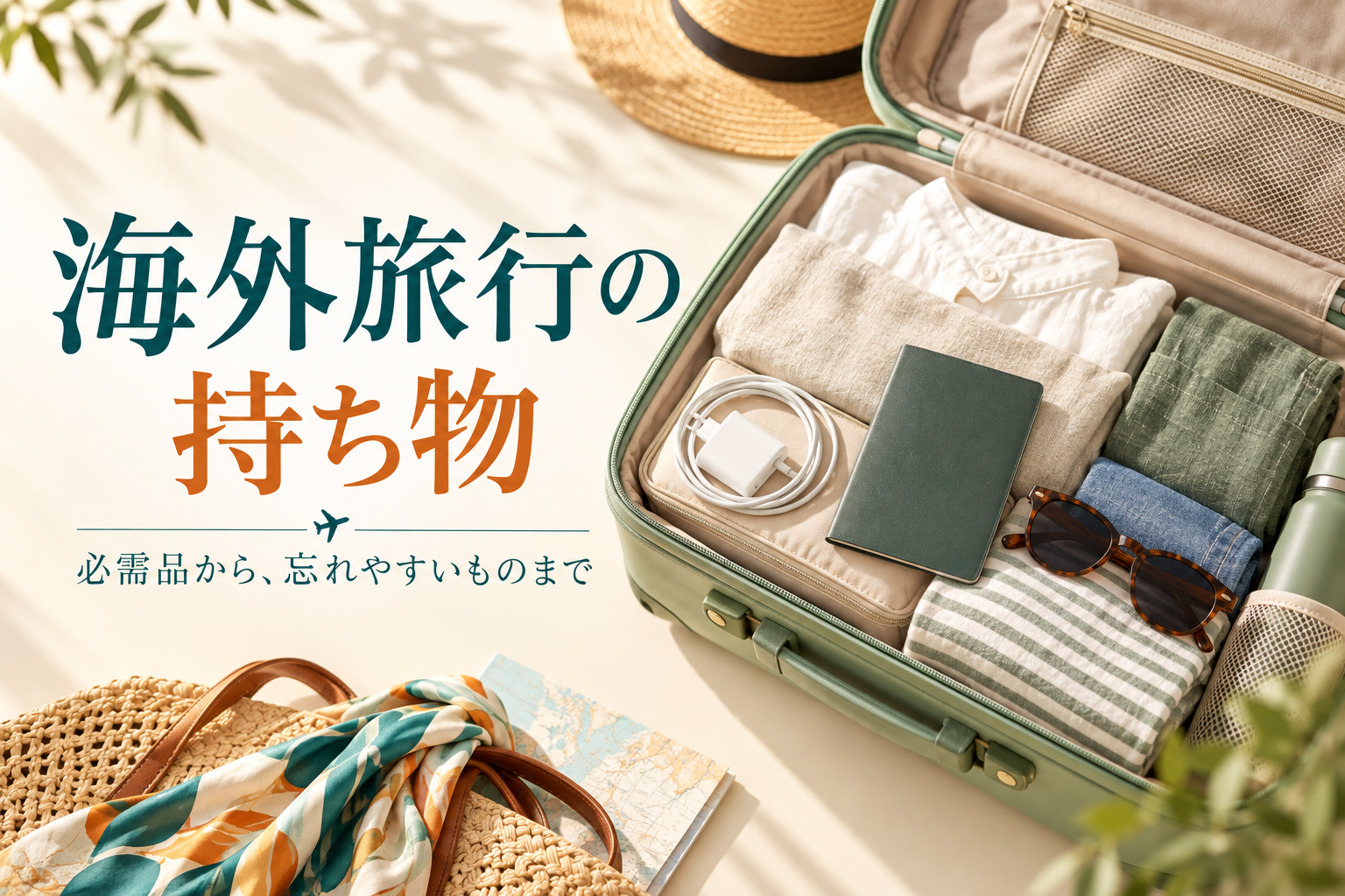 旅行かばんと衣類・充電器を並べた海外旅行の持ち物ガイドの表紙