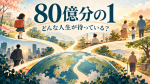 地球から分かれる道と、子ども・働く人・家族・高齢者を描いた80億分の1の紹介イラスト
