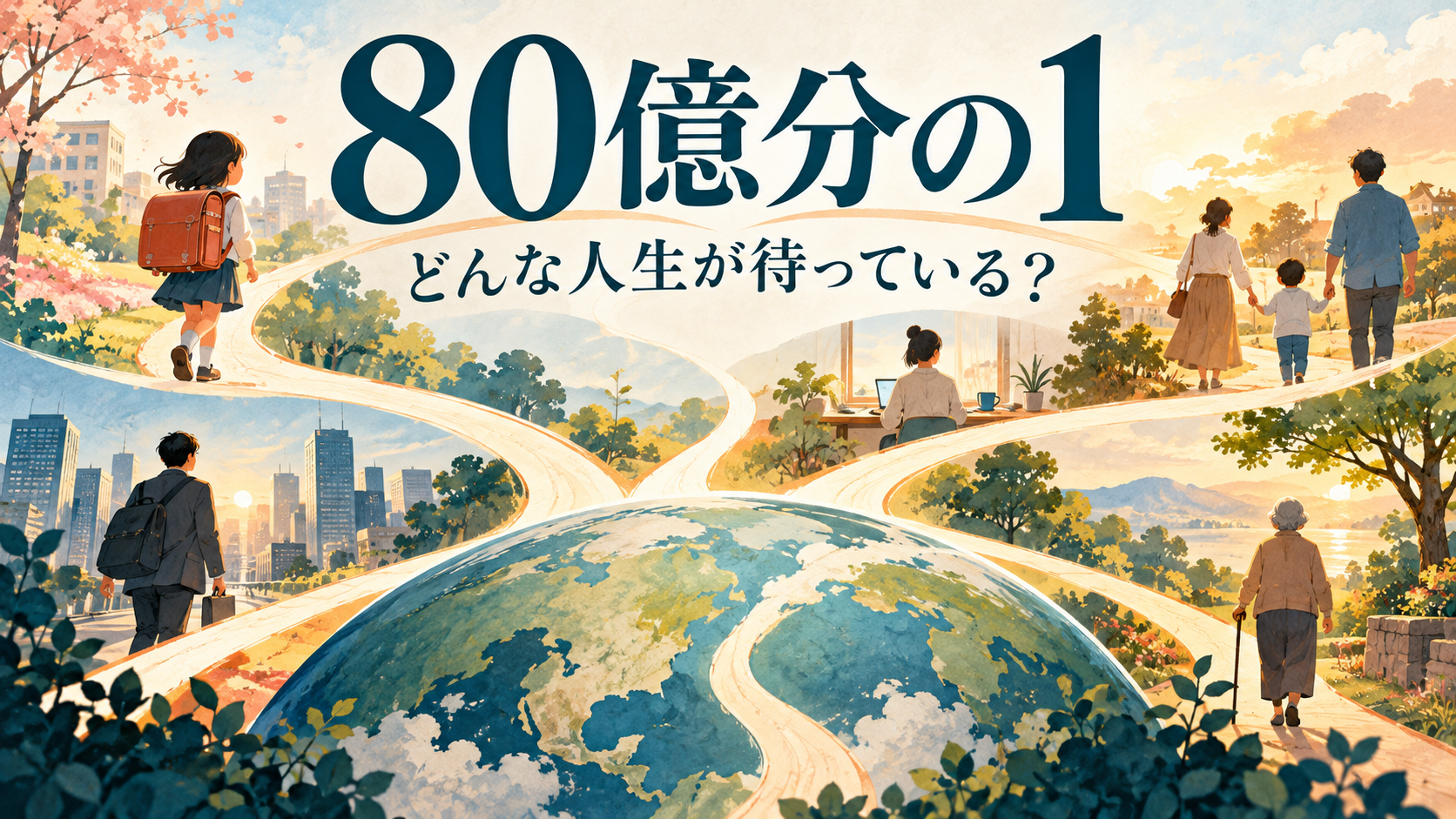 地球から分かれる道と、子ども・働く人・家族・高齢者を描いた80億分の1の紹介イラスト