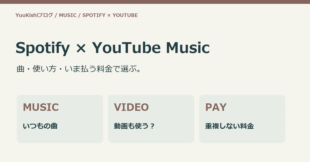 Spotify × YouTube Music:曲・使い方・いま払う料金で選ぶ。