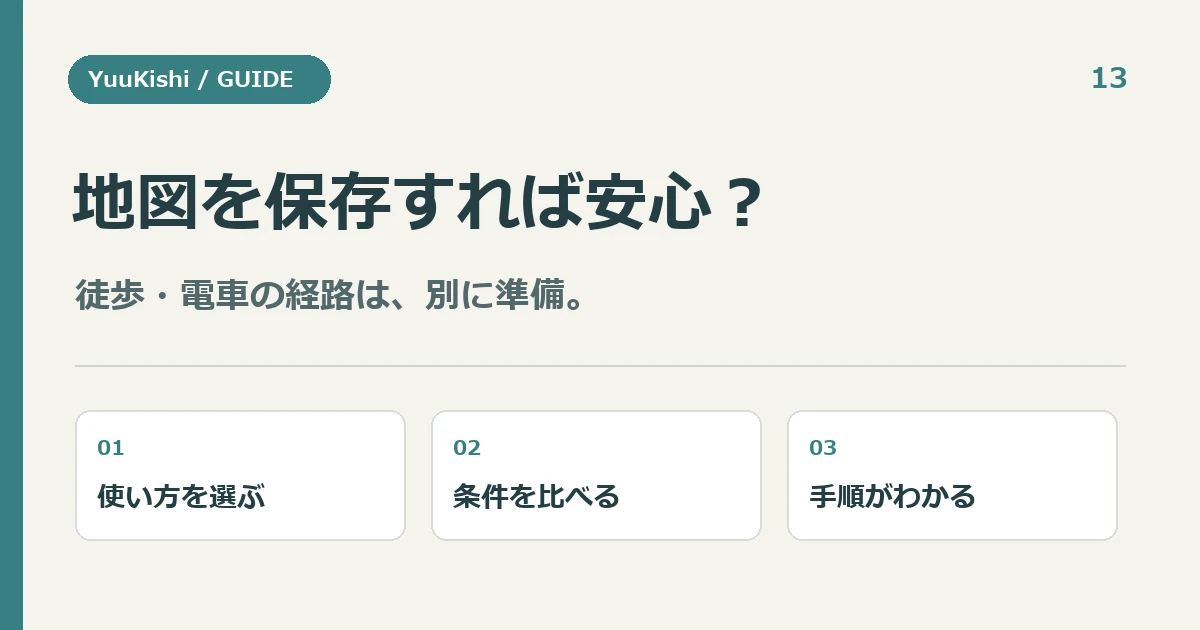 地図を保存すれば安心? — 徒歩・電車の経路は、別に準備。