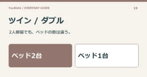 ツイン / ダブル — 2人部屋でも、ベッドの数は違う。