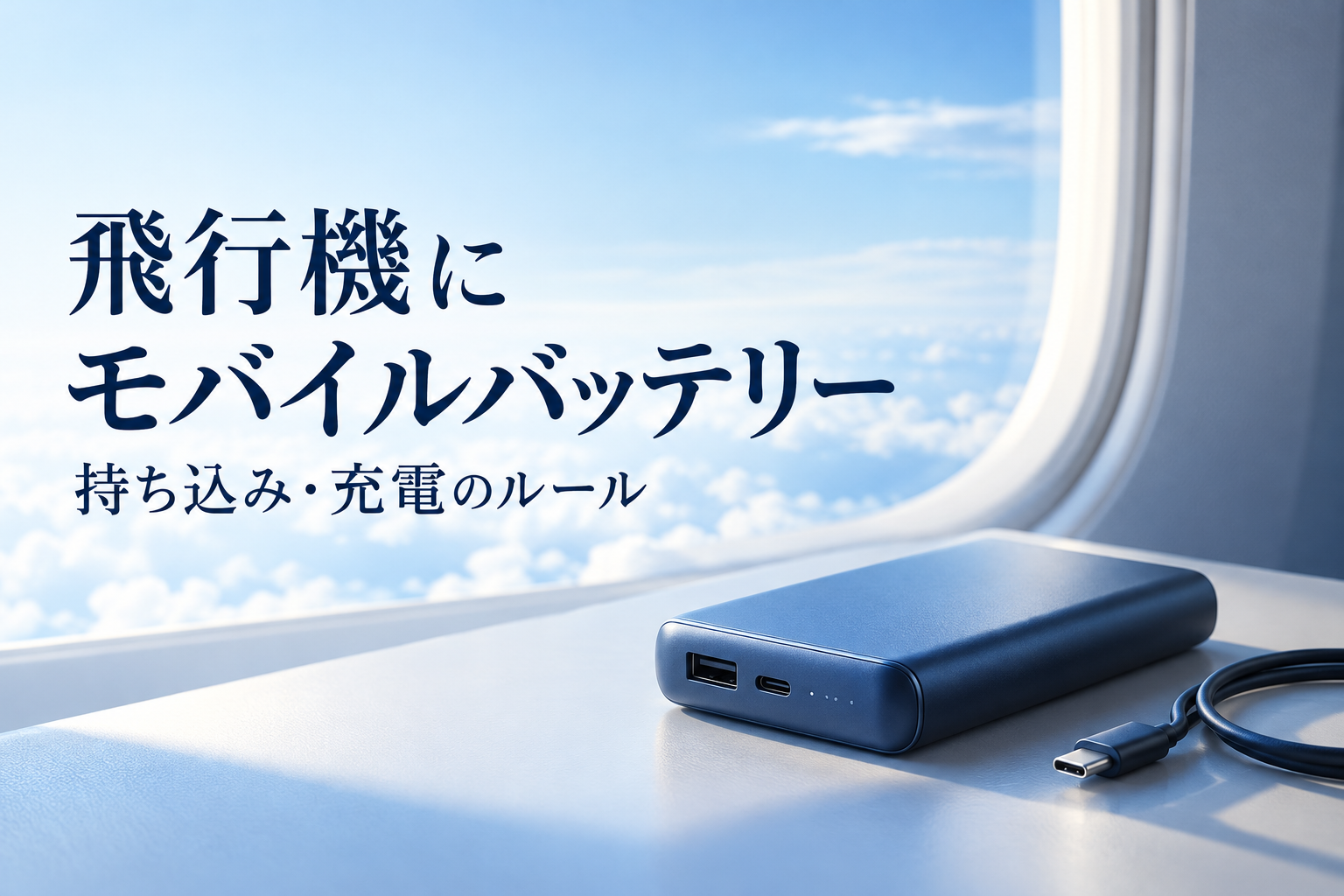 航空機の窓を背景にした未接続のモバイルバッテリーと充電ケーブル
