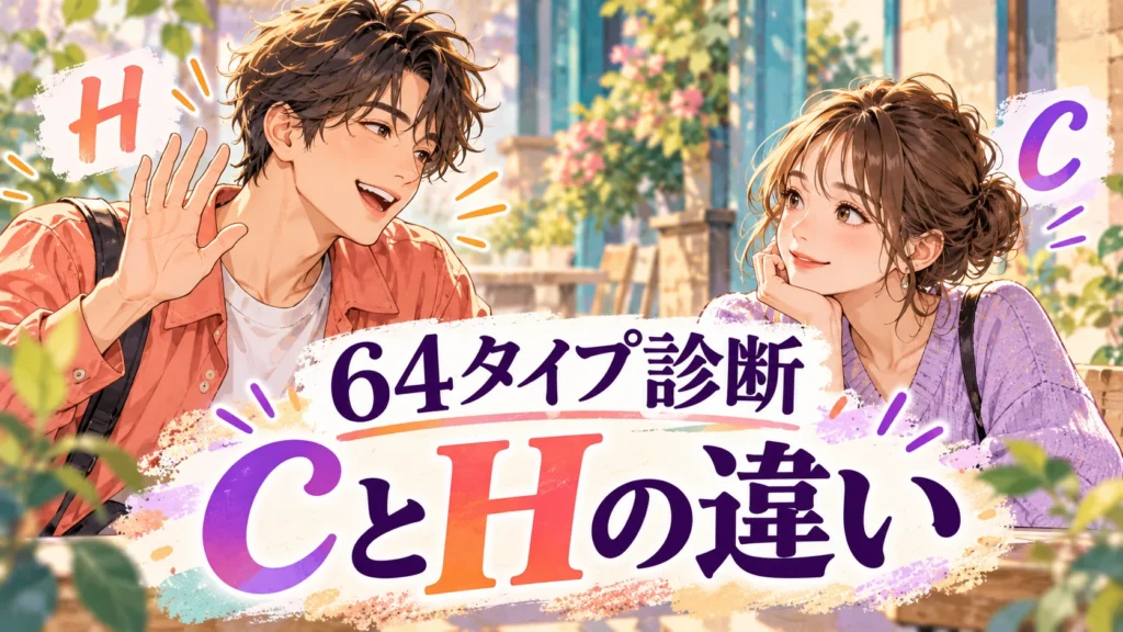 64タイプ診断のCとHの違い。心を開いて話す人と、相手の話を聞く人を描いたイラスト