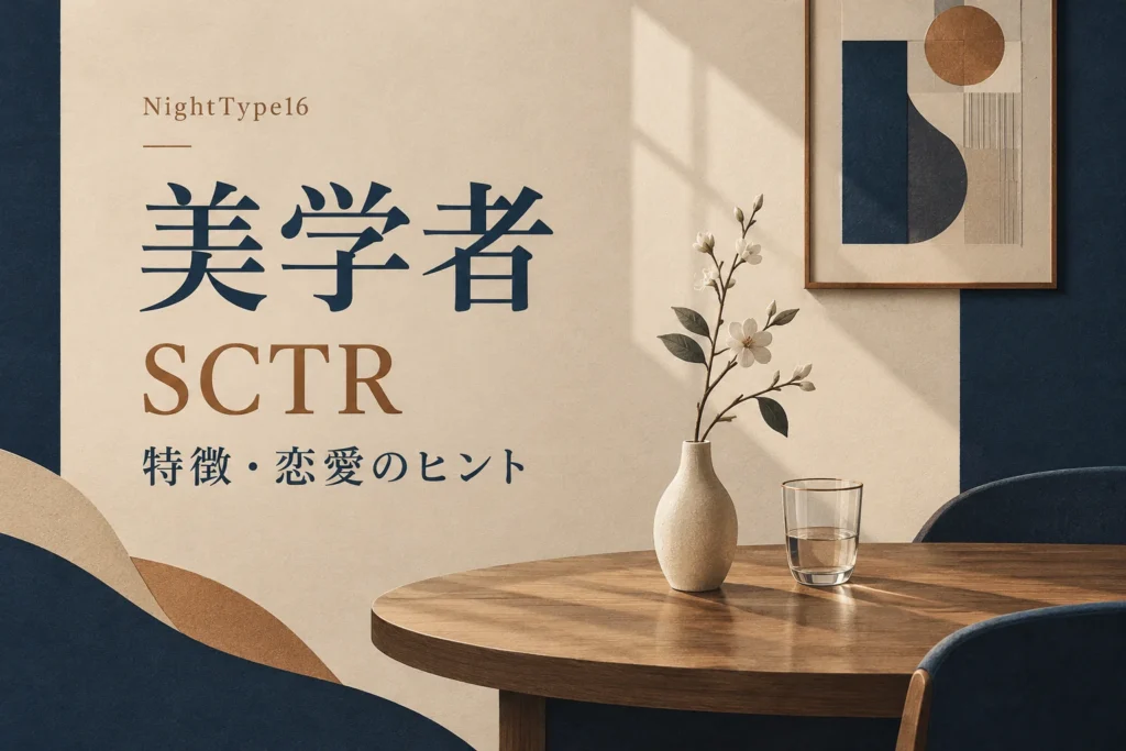 NightType16の美学者（SCTR）。一輪挿しとグラスを置いた静かな空間のアイキャッチ。特徴と恋愛のヒントを紹介。